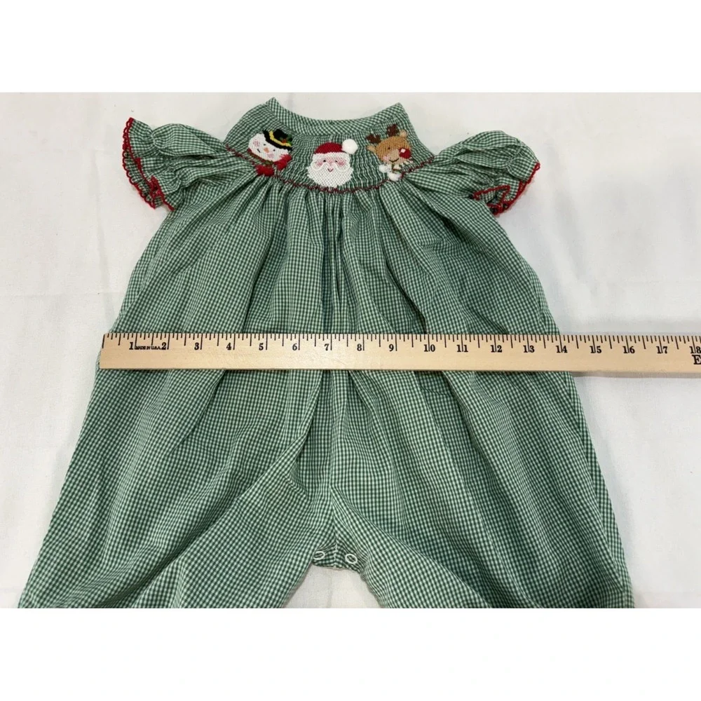 Southern Smocked Christmas Green One Piece Bodysuit Santa Snowman Reindeer 6M